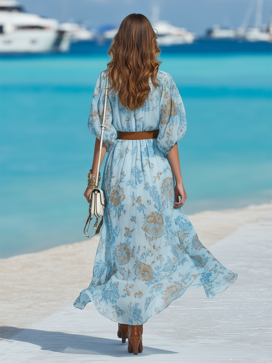 V-neck Resort-style Chiffon Printed Maxi Dress