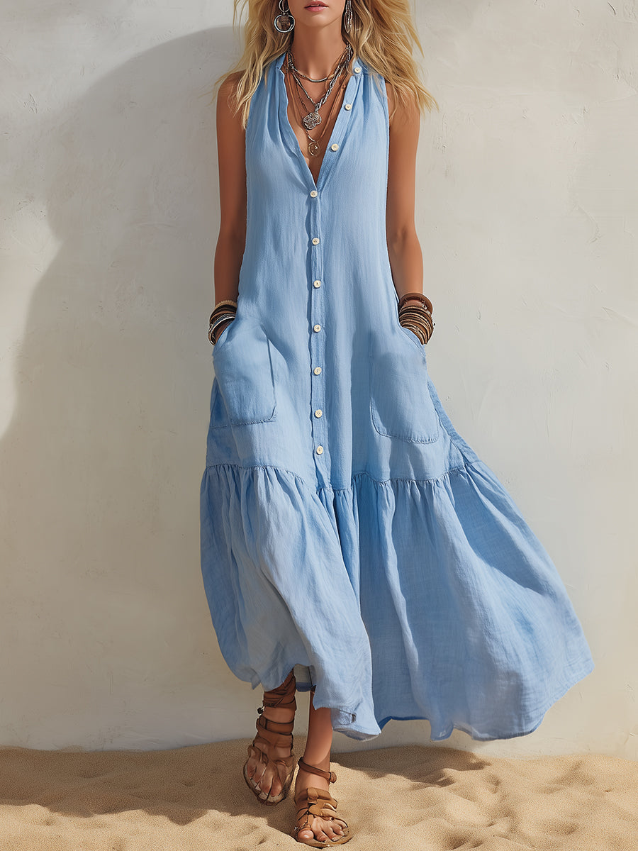 Bohemian Light Blue Cotton Linen Front Button Sleeveless Midi Dress