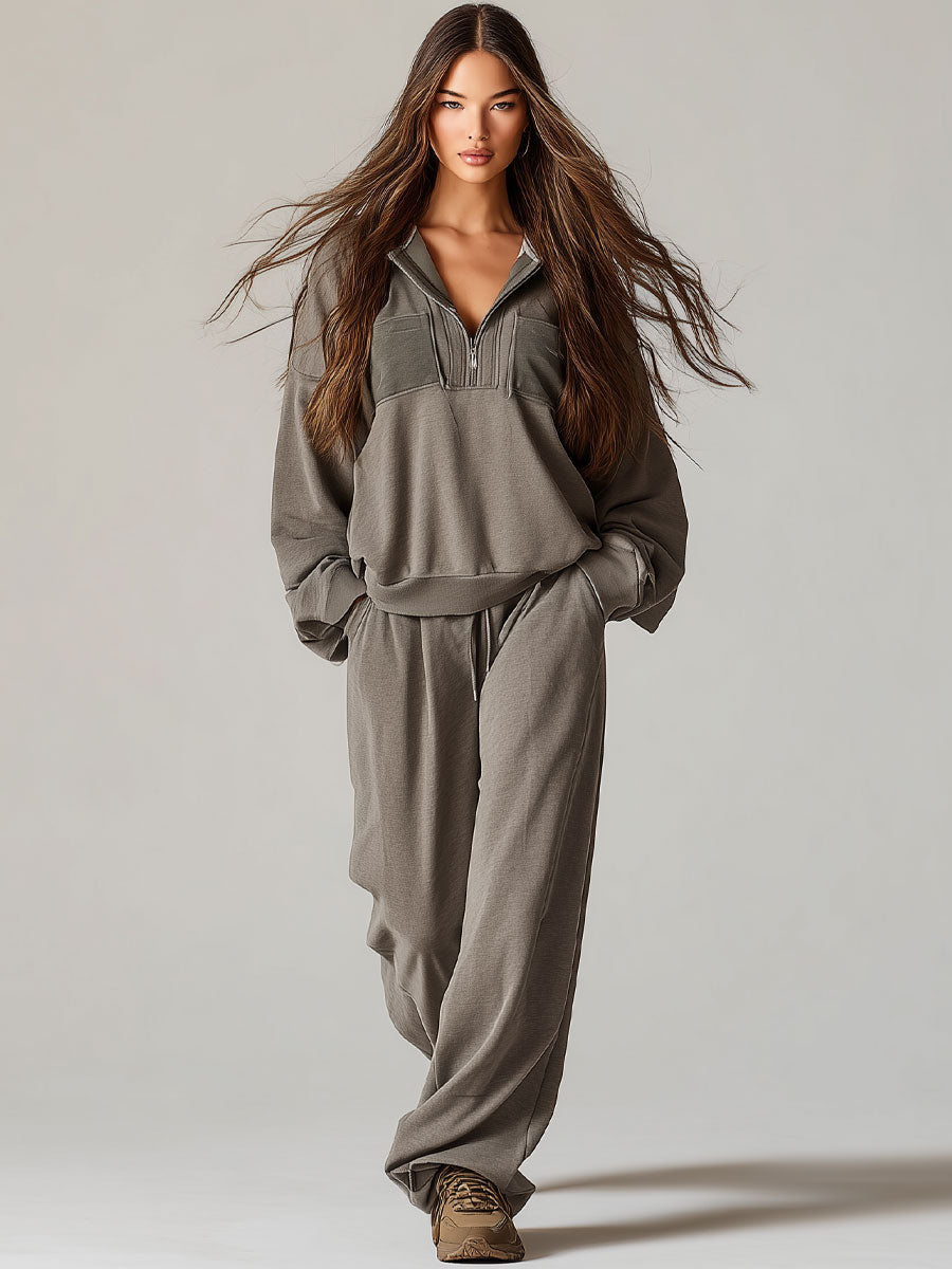 Retro Casual Sports Gray Lapel Sweatshirt And Trousers Suit