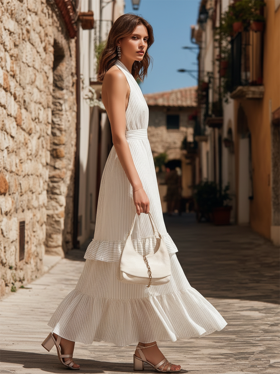 Vacation-style Striped Backless Sleeveless Maxi Dress