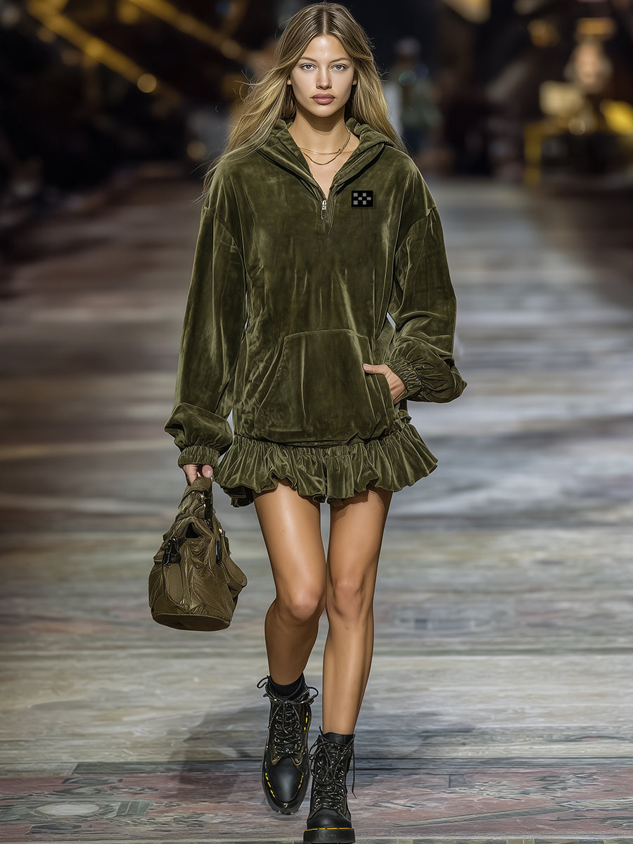 Leisure Sports Ruffle-trimmed Army Green Velvet Hooded Mini Dress