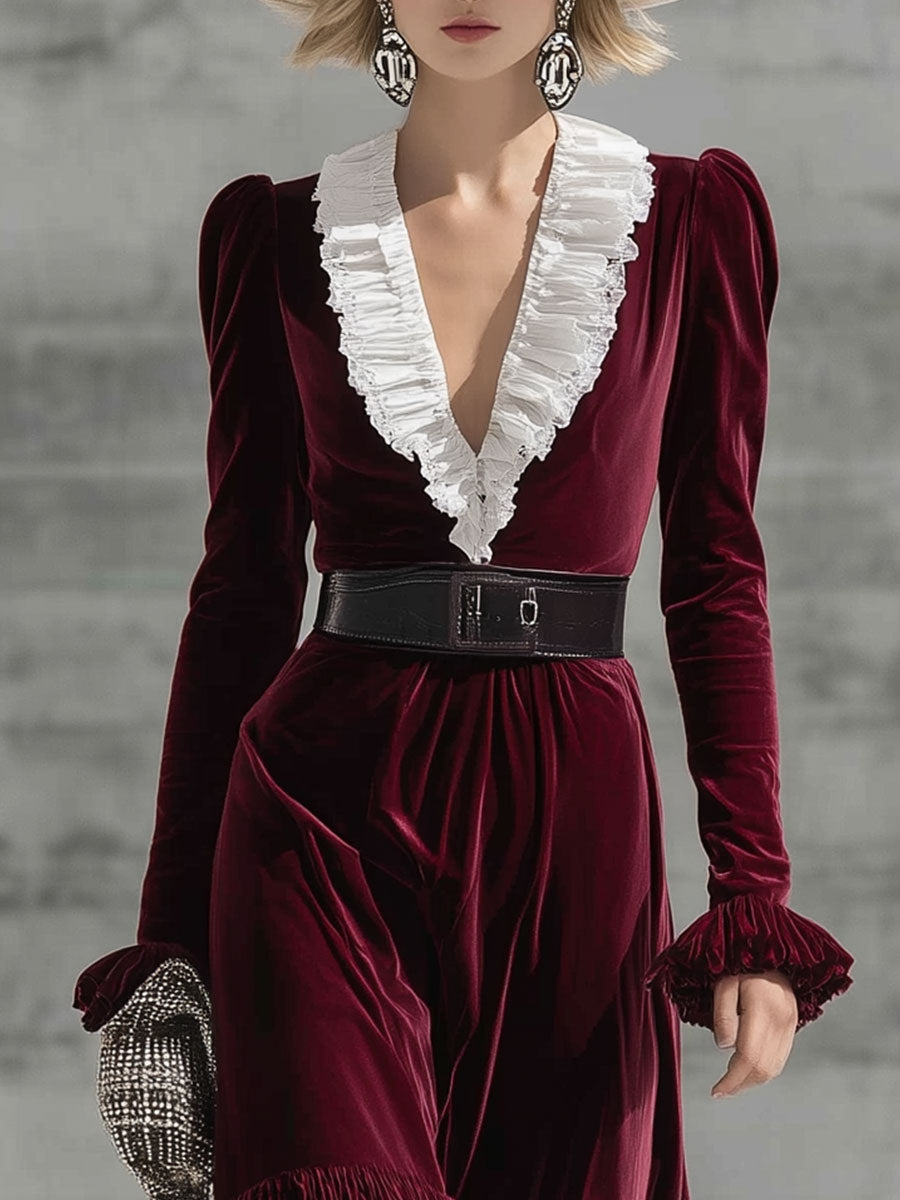 Fashion Retro Burgundy Velvet Dress