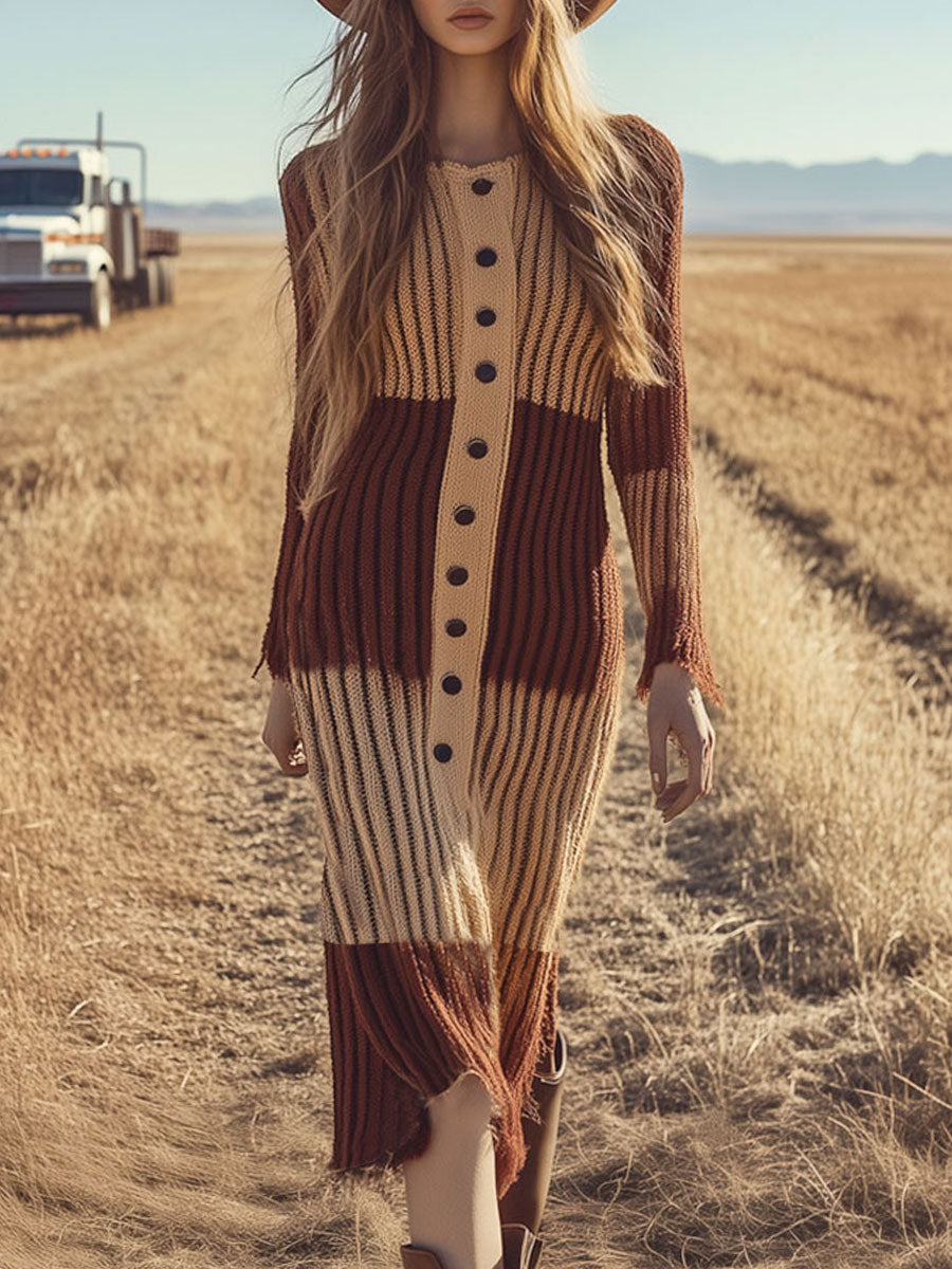 Retro Casual Brown Colorblock Long Sleeve Knitted Midi Dress