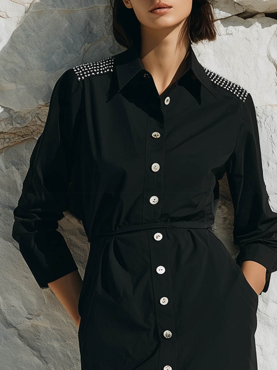 Stylish Shoulder Embellishments Black Shirt Midi Dress