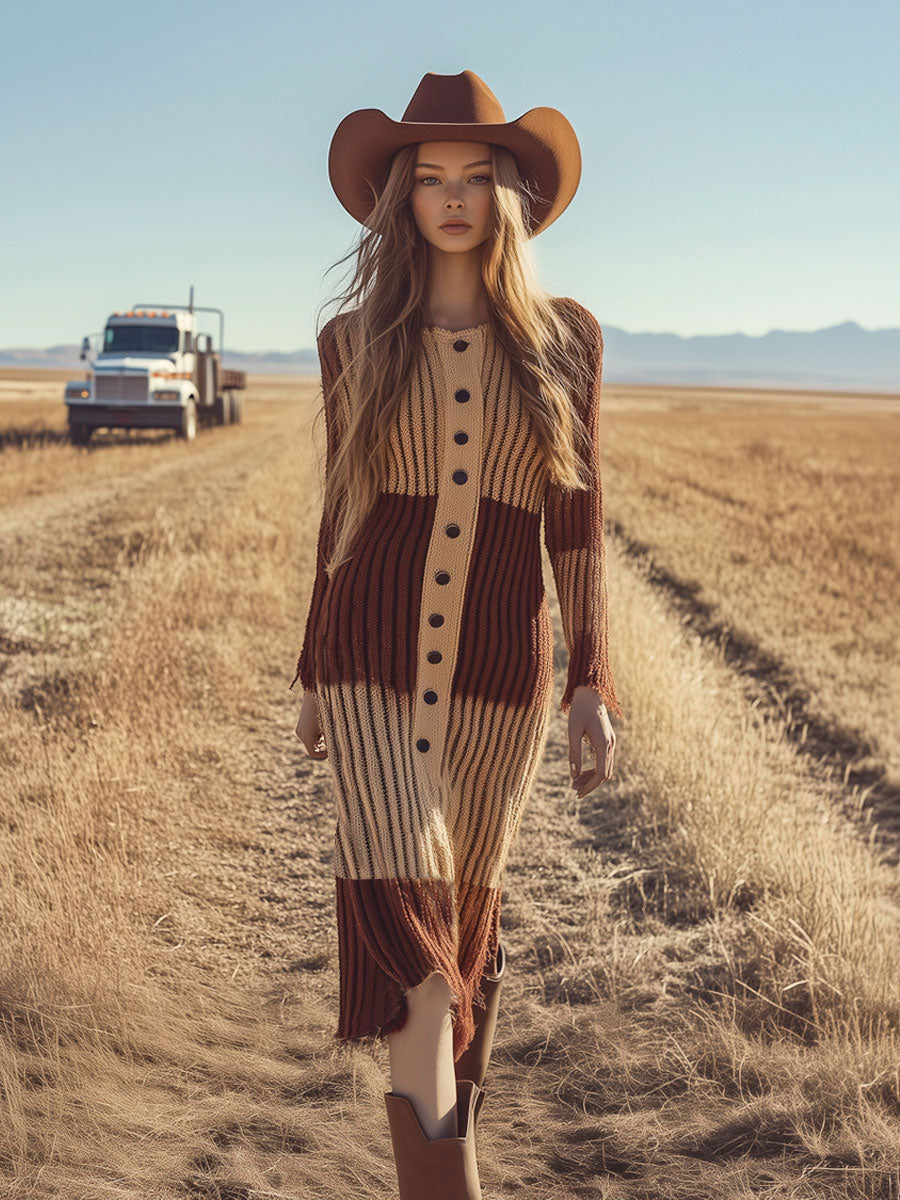 Retro Casual Brown Colorblock Long Sleeve Knitted Midi Dress
