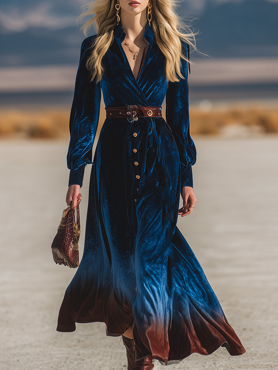 Vintage Western Royal Blue Gradient Brown Velvet Maxi Dress