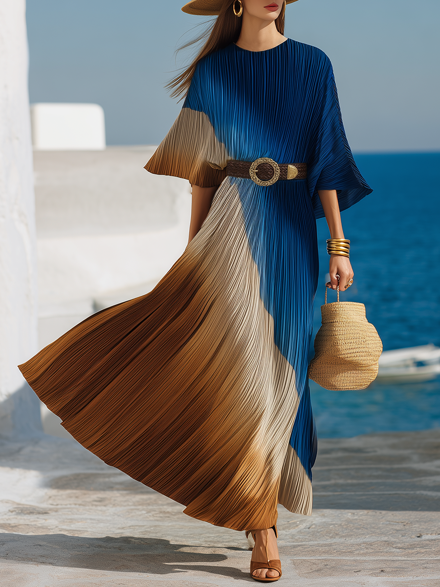 Stylish Vacation-inspired Printed Satin Short-sleeved Pleated Maxi Dress