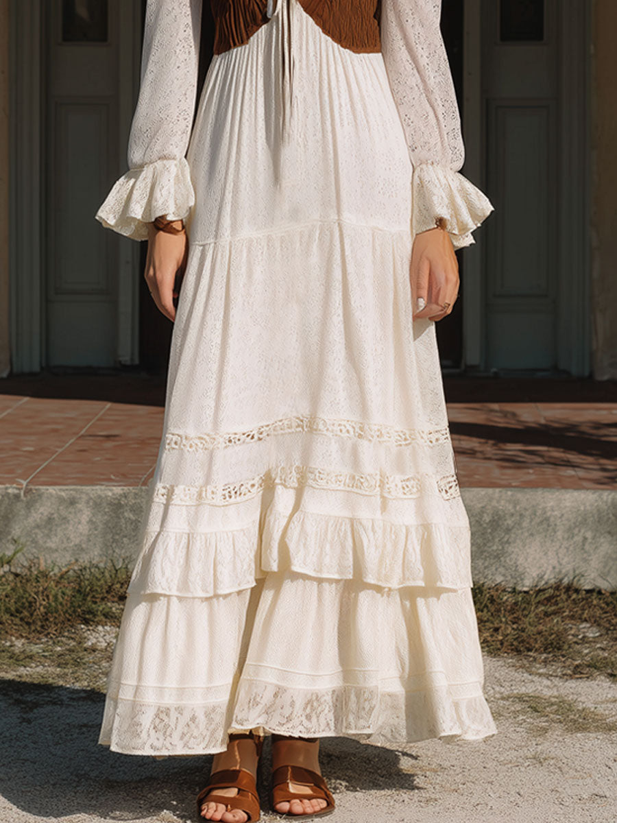 Retro Bohemian Brown Knitted Striped White Lace Cake Maxi Dress