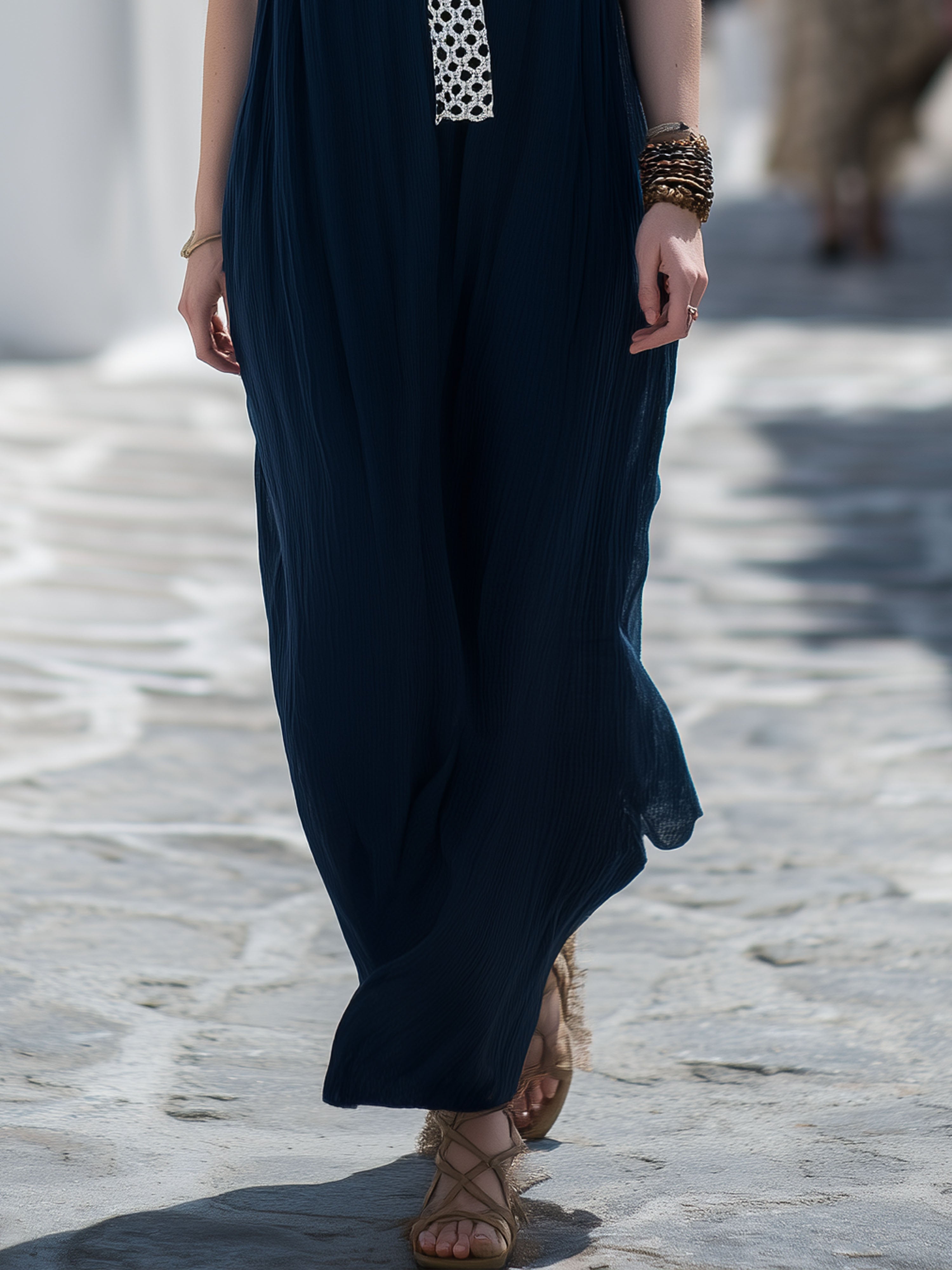 Elegant Black And White Polka Dot Collar Navy Blue Chiffon Sleeveless Maxi Dress