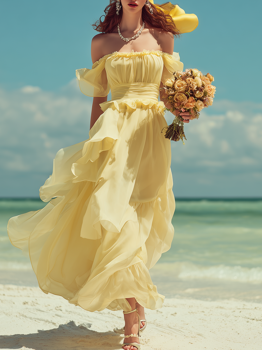 Vacation-style Chiffon Off-the-shoulder Short-sleeved Maxi Dress