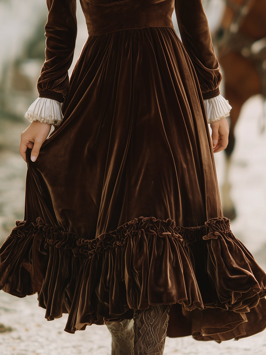 Elegant And Fashionable Ruffled V-neck Brown Velvet Midi Dress