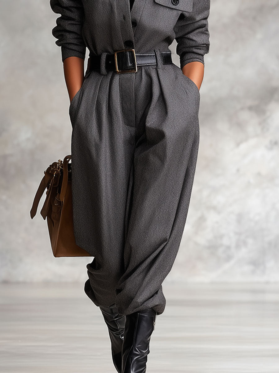 Lapel Multi-pocket Single-breasted Belted Woolen Jumpsuit
