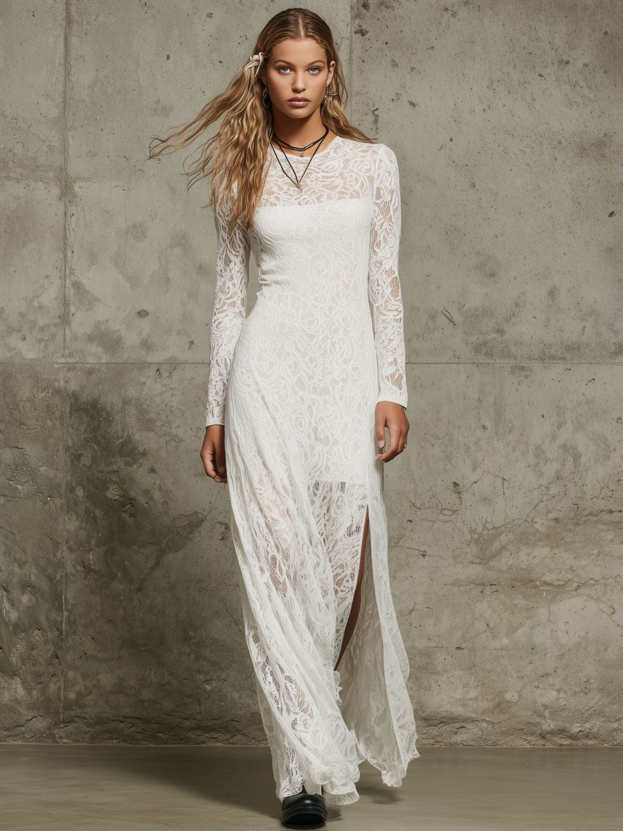 Fashion Retro White Lace Round Neck Long Sleeve Slit Maxi Dress