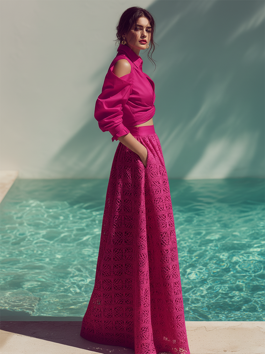 Romantic Vacation Off-Shoulder Twisted Shirt And Cotton Lace Skirt Set