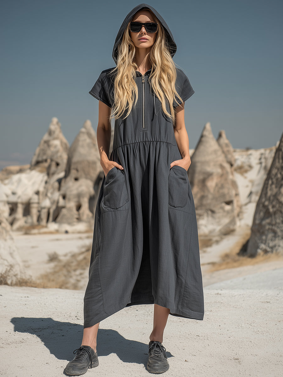 Desert Functional Charcoal Gray Cotton Linen Hooded Half-zip Midi Dress
