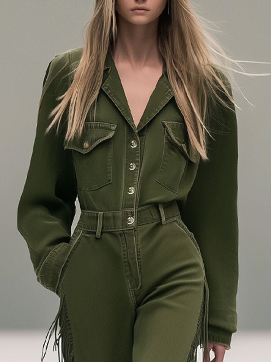 Fashion Retro Olive Green Washed Denim Lapel Tassel Jumpsuit