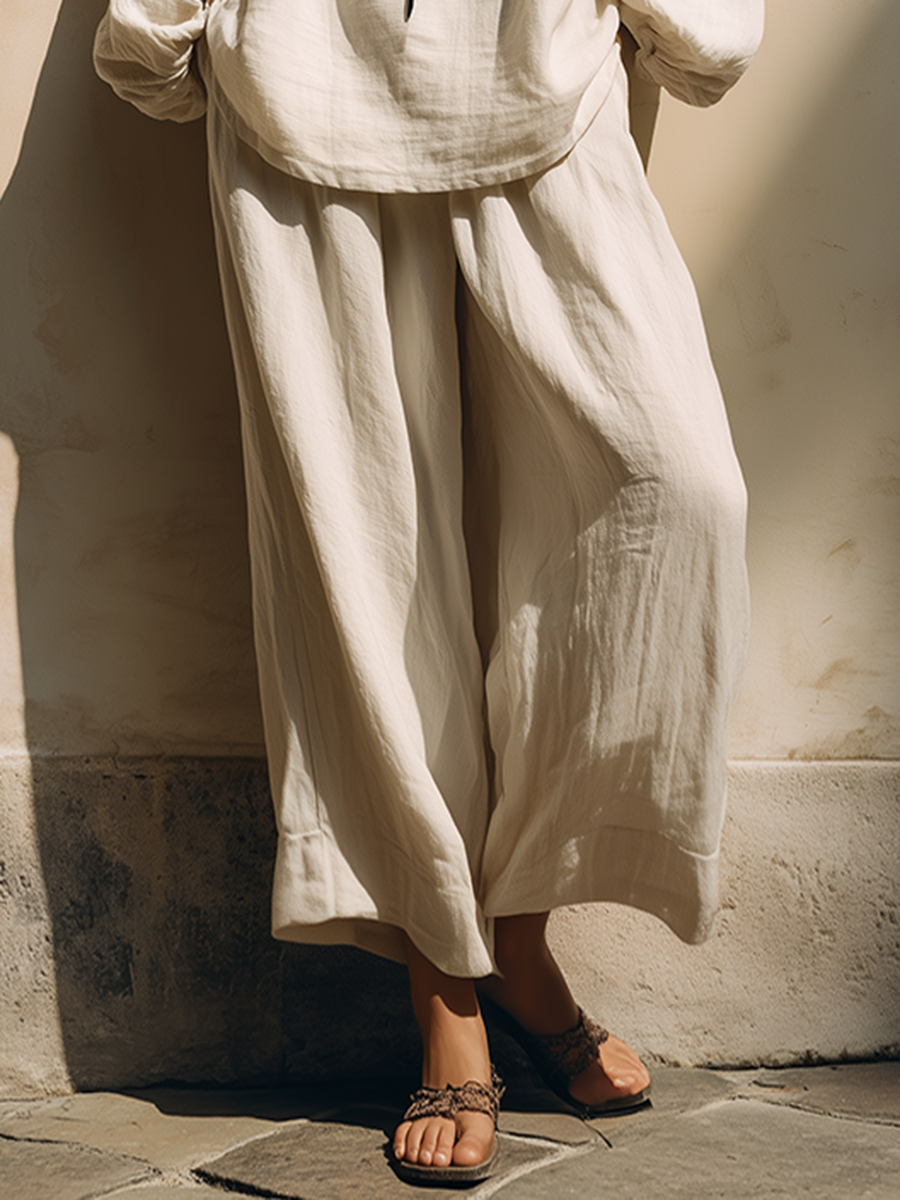 Relaxed Vacation Style: Black Embroidered Top And Wide-leg Pants Cotton-linen Set