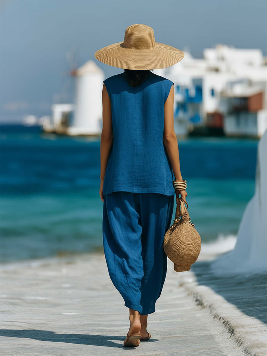 Lazy And Relaxed Blue Top And Loose-fitting Tapered Trousers Set