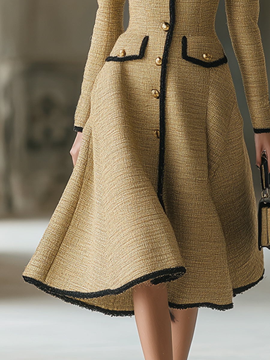 Elegant Commuter Light Yellow Tweed Hem Long-sleeved Midi Dress