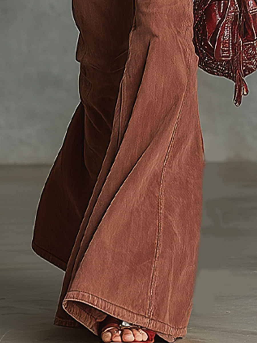 Fashionable And Casual Rose Red Washed Denim Flared Pants