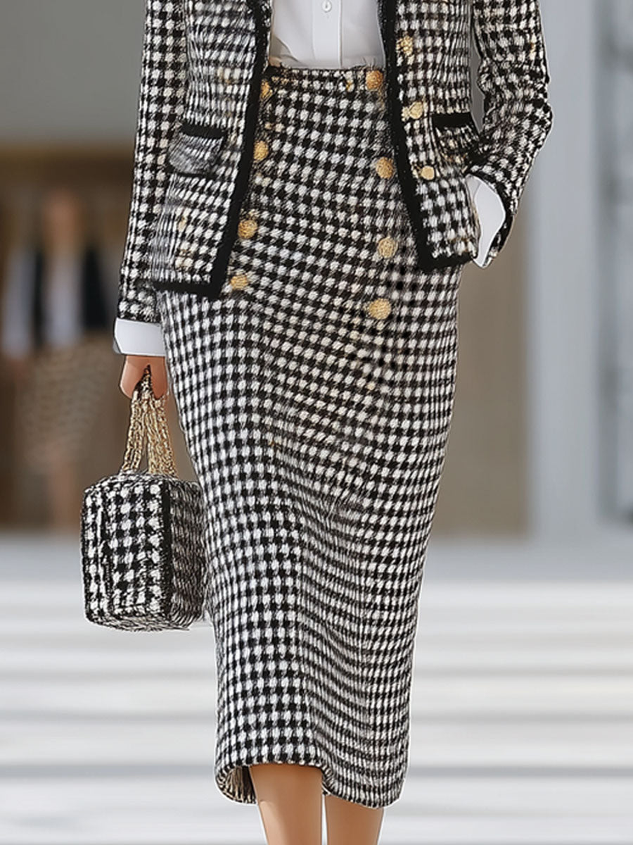 Black And White Houndstooth Lapel Button Blazer And Skirt Set