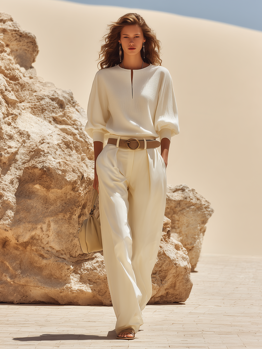 Resort-style Cotton V-neck Long-sleeved Trouser Set