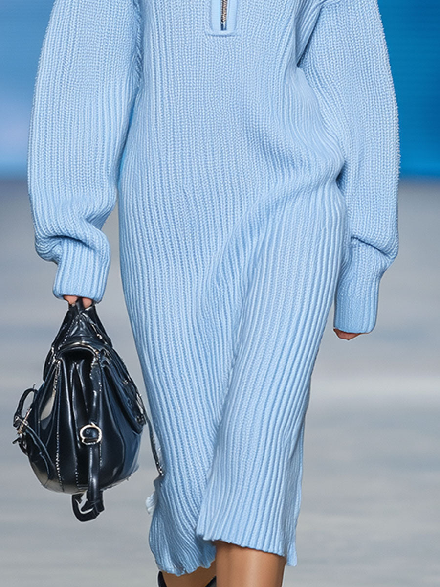 Fashion Loose Retro Blue Knitted Hooded Midi Dress