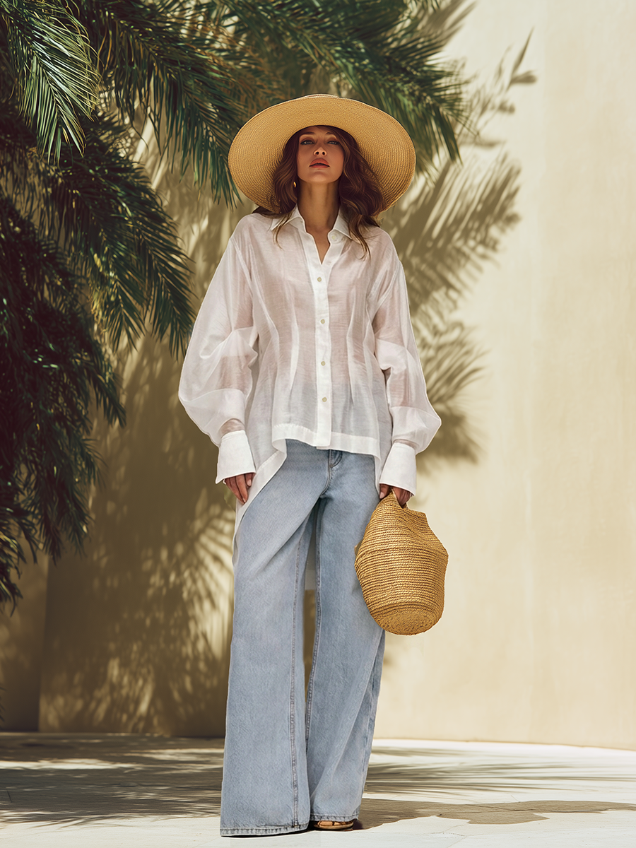 Stylish Sheer Irregular Hem White Long-sleeved Shirt