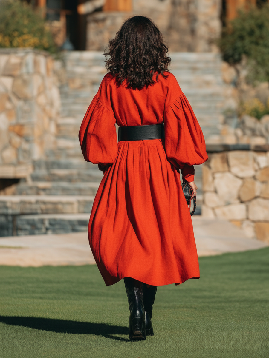 Cotton Resort-style Red Long-sleeved Midi Dress