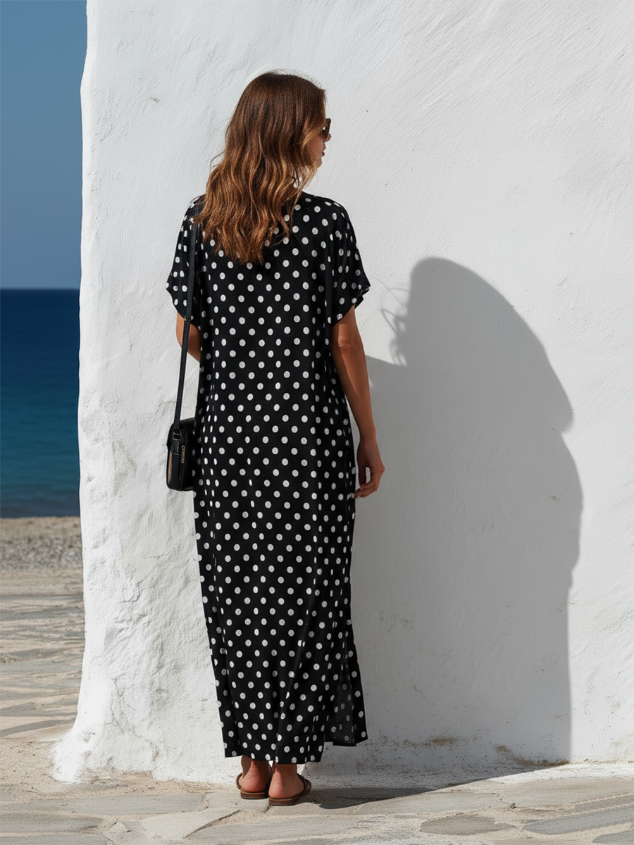 Resort-style Black And White Polka Dot V-neck Short-sleeved Maxi Dress