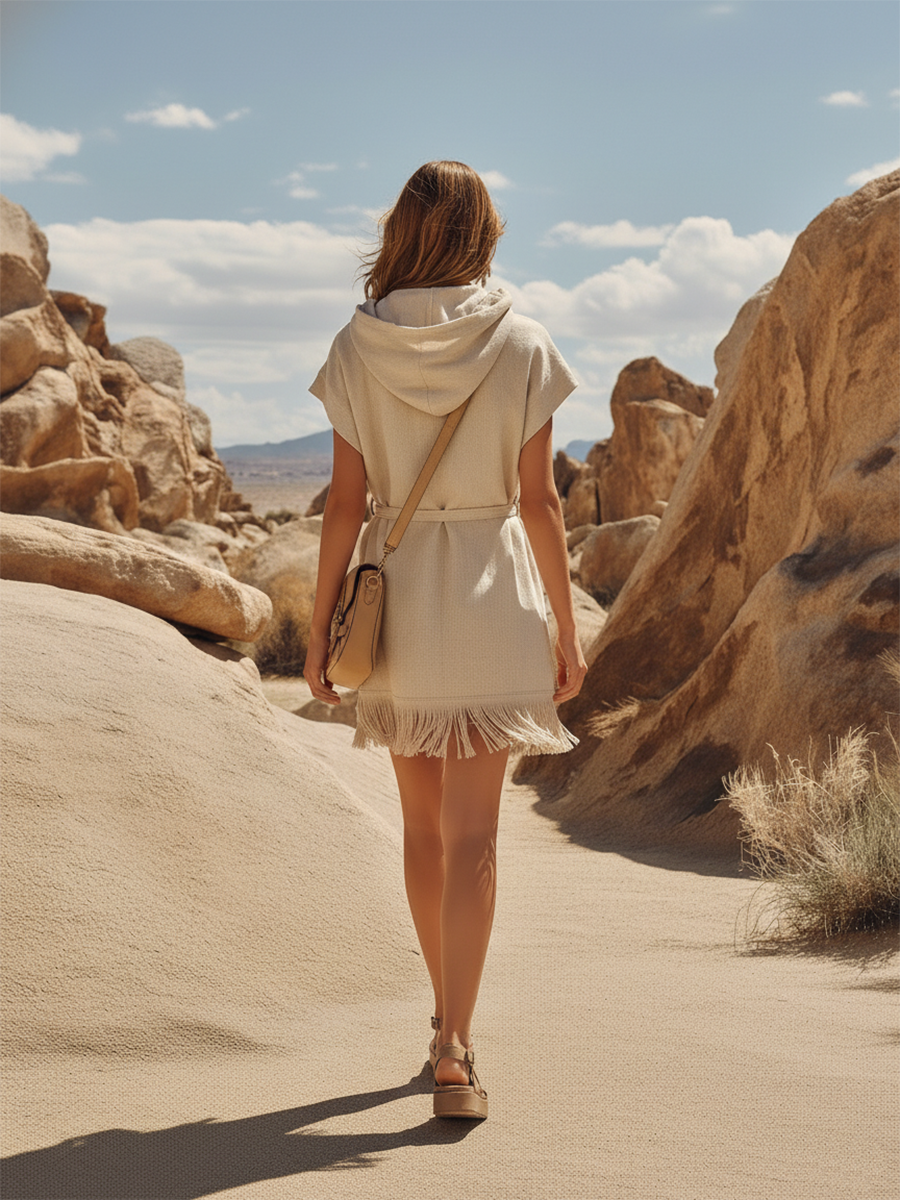 Bohemian Style Cotton Beige Hooded Sleeveless Mini Dress