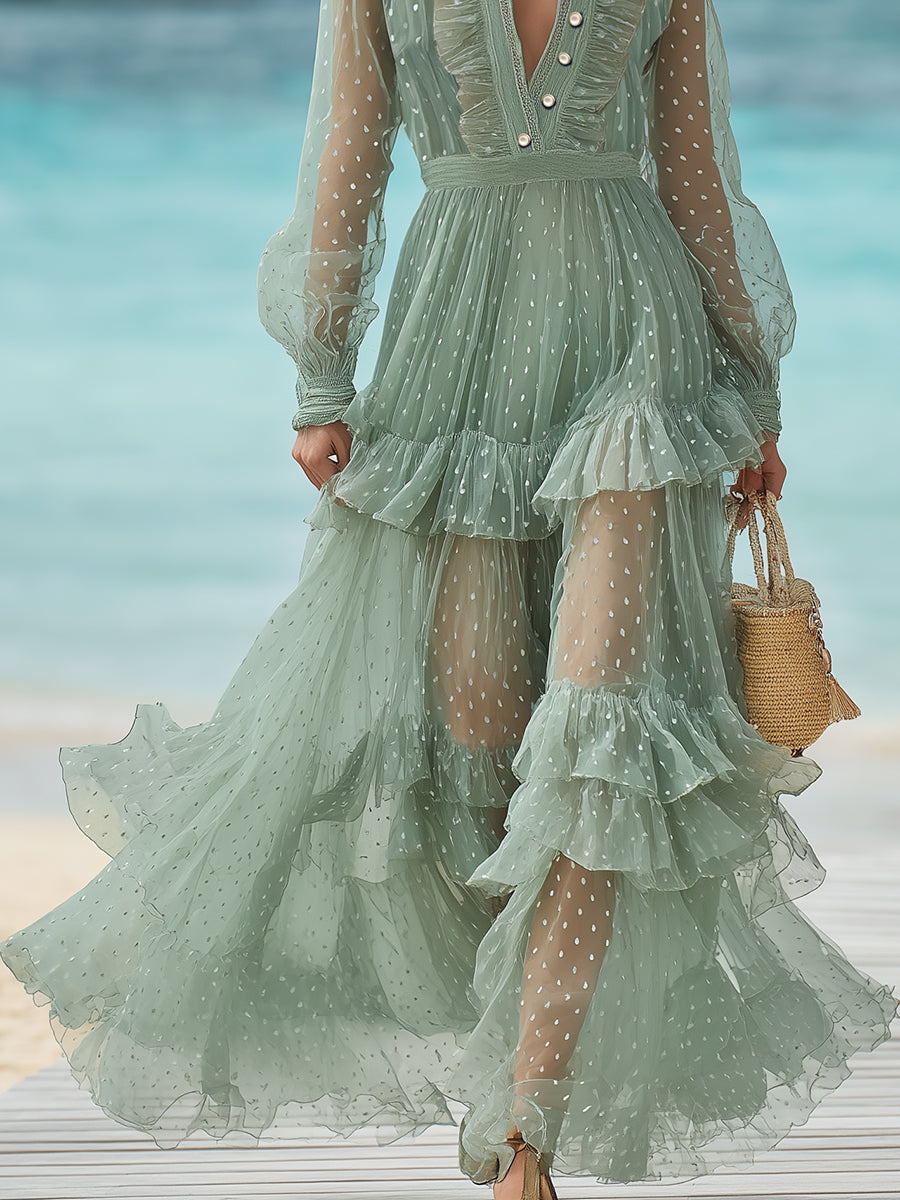 Fresh Bohemian Style Light Green Polka Dot Chiffon Ruffle Maxi Dress