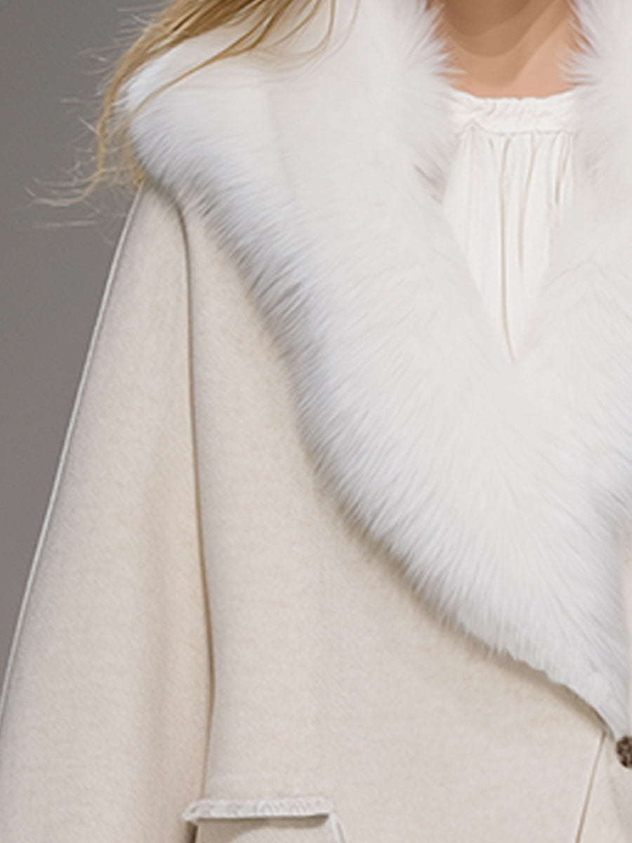 Elegant And Fashionable White Fur Collar Wool Coat
