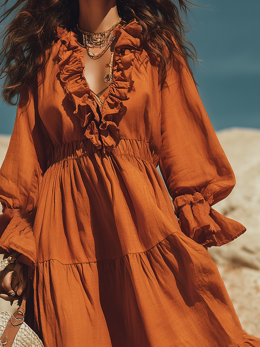 Bohemian V-neck Ruffled Pumpkin-colored Cotton-linen Maxi Dress