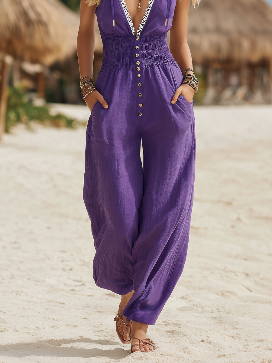 Casual Bohemian Lace Trim Purple V-Neck Hooded Jumpsuit
