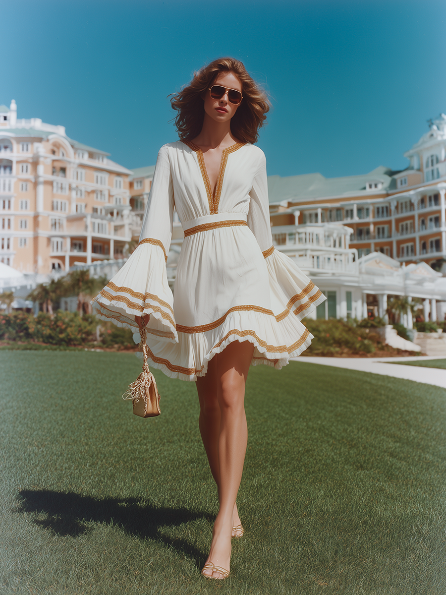 Vacation-style Cotton Long-sleeved Mini Dress