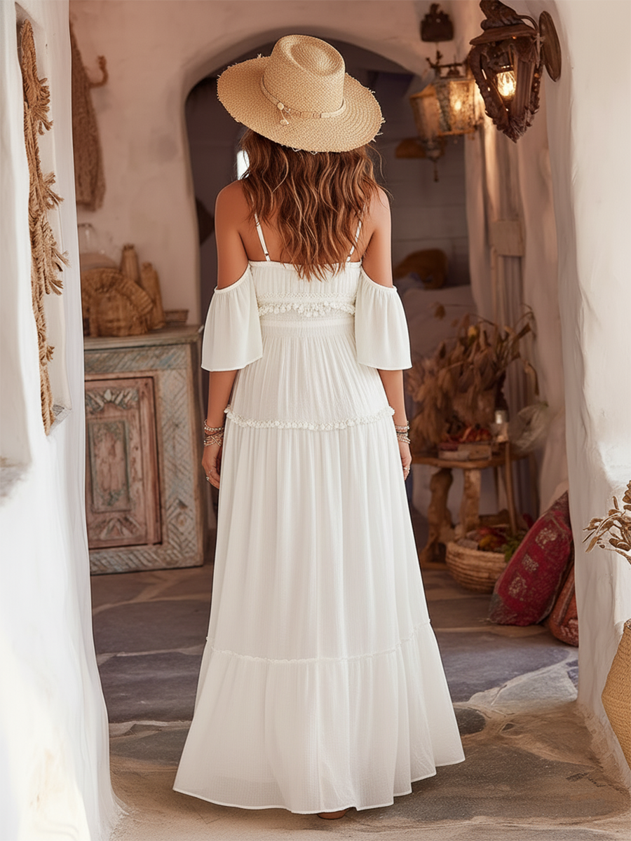 Romantic Bohemian Off-the-shoulder Short-sleeved White Chiffon Maxi Dress