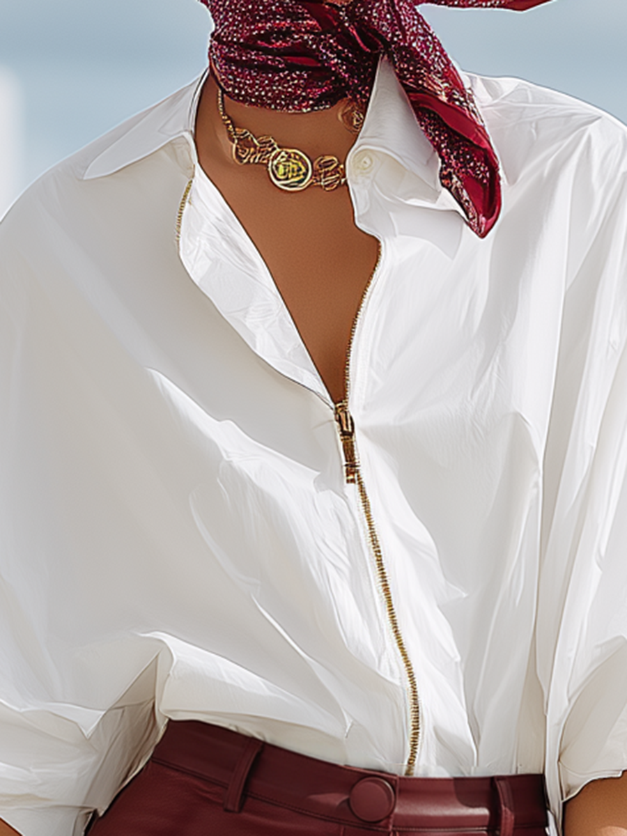 Stylish Wide-sleeved Front Zipper White Cotton Shirt