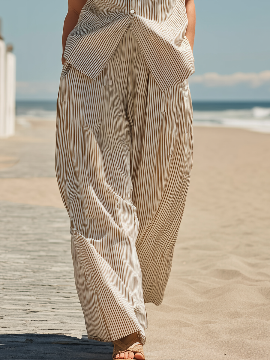 Vacation-style Striped Sleeveless V-neck Top And Trousers Set