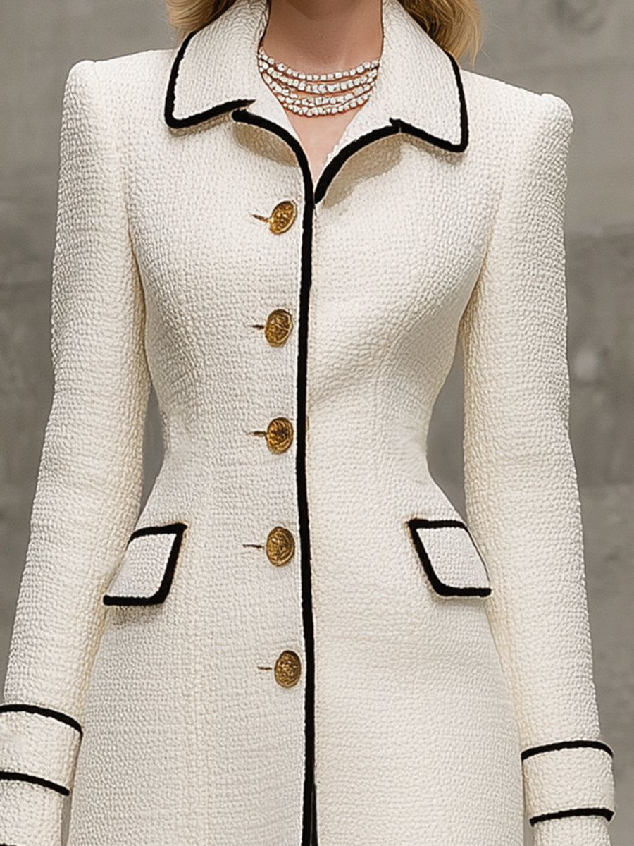 Elegant White Tweed Mid-length With Contrasting Gold Buttons Coat