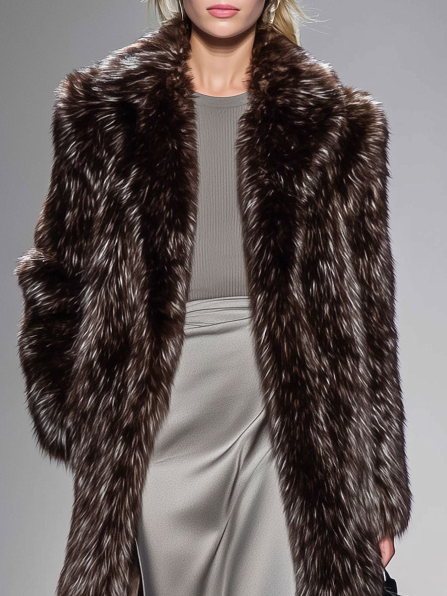 Loose Retro Fashion Faux Fur Brown Long Coat