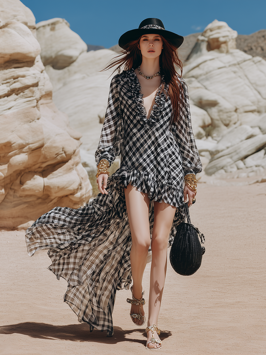 Vacation-style, High-low Hem Ruffled Checkered Chiffon Maxi Dress