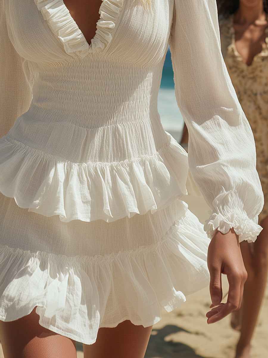 Fresh Bohemian Off-White Cotton Linen V-Neck Ruffle Mini Dress