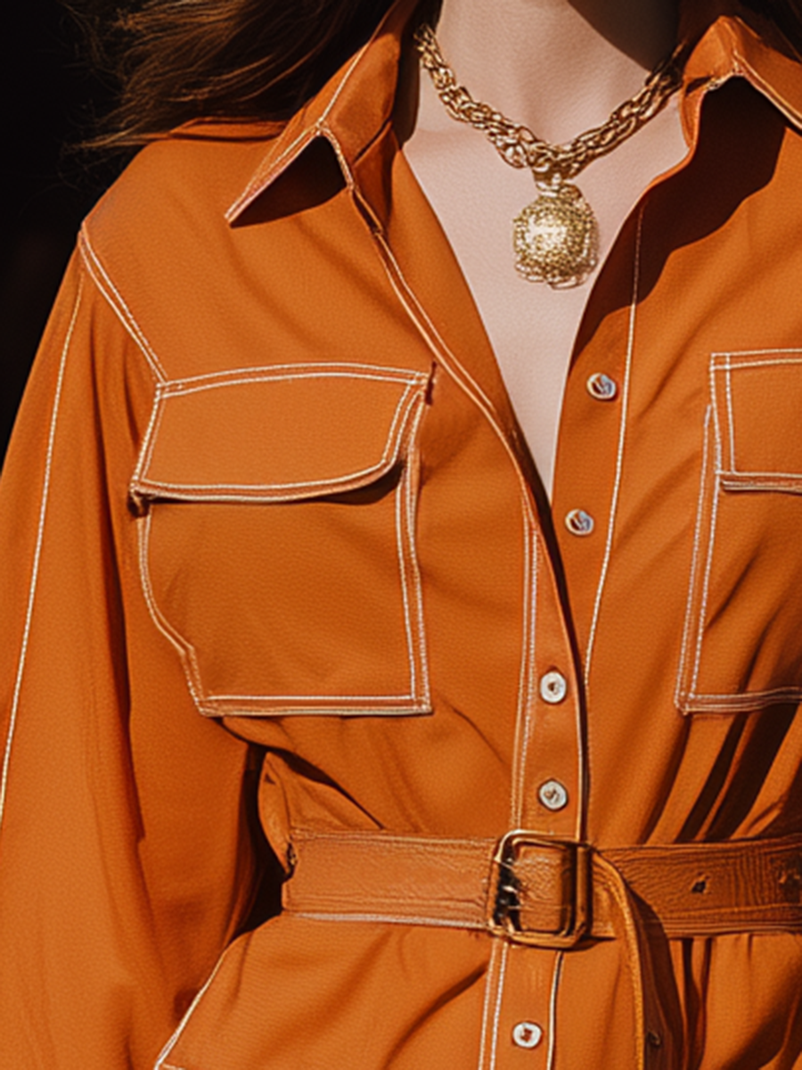 Vacation-style Shirt Collar Long-sleeved Mini Dress