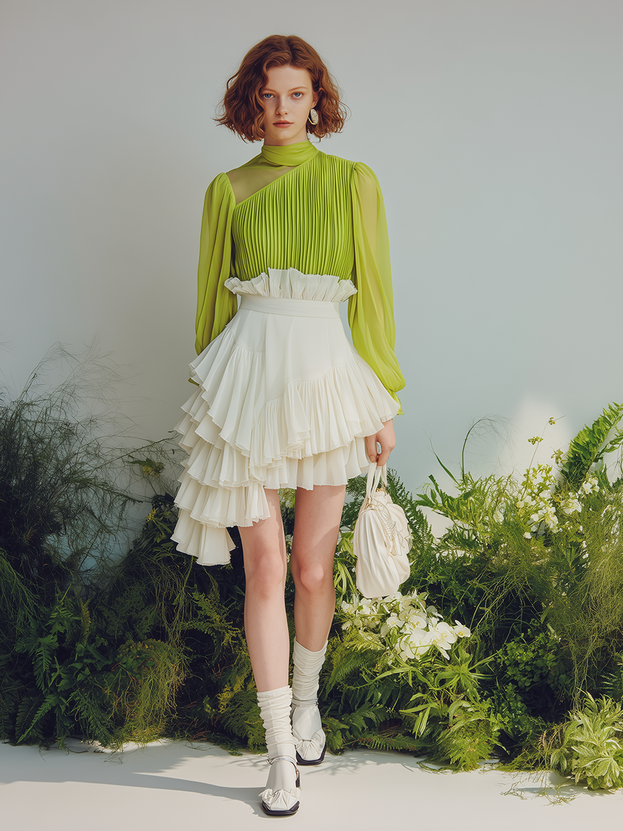 Vacation-style Green Long-sleeved Top And White Skirt Set