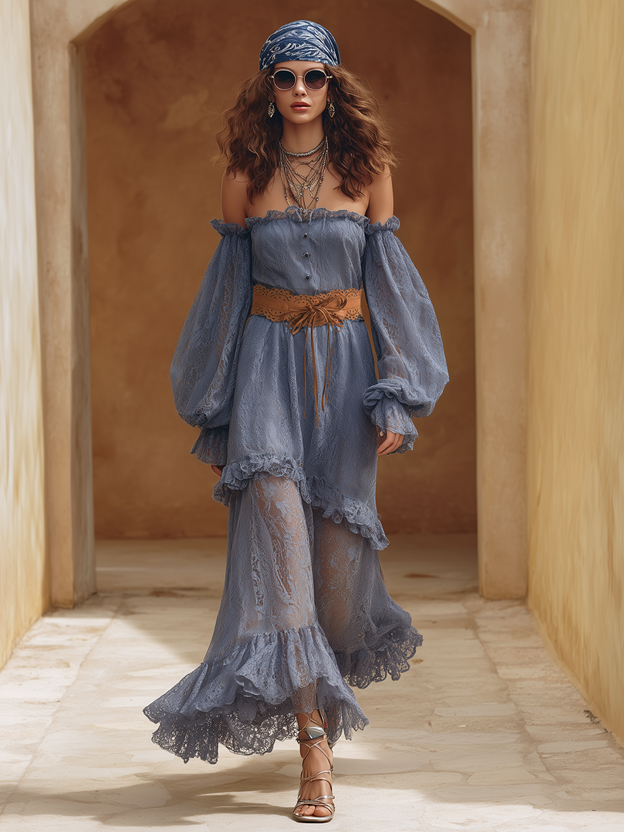 Elegant Bohemian Off-Shoulder Gray-Blue Lace Maxi Dress