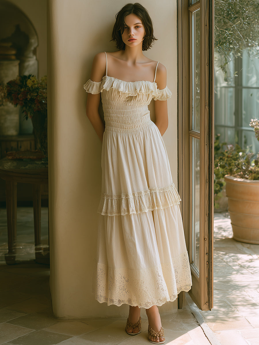 French Romantic Beige Off-the-shoulder Ruffled Lace Midi Dress