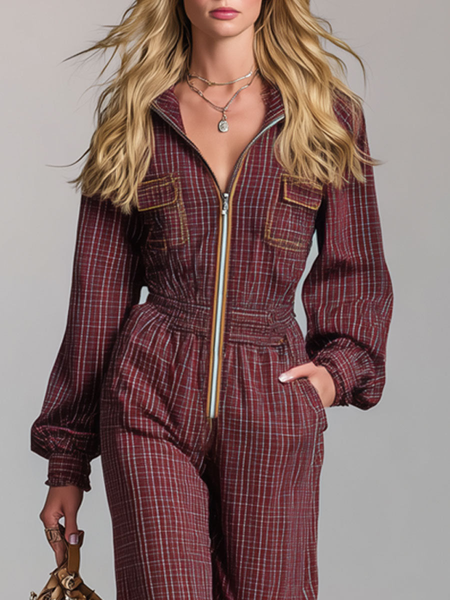 Retro Long-Sleeved Purple Plaid Elastic Waist Wide-Leg Jumpsuit