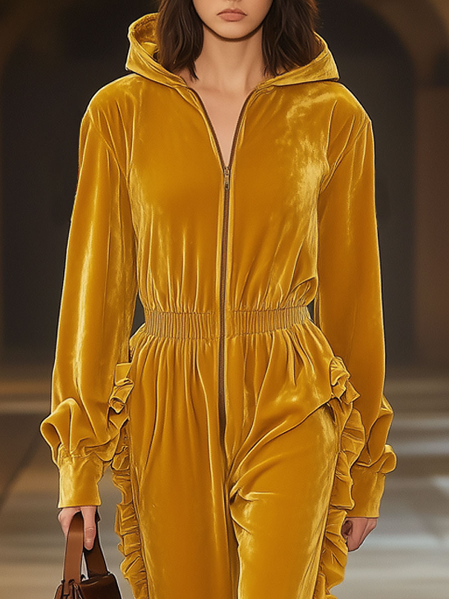 Vintage Long-Sleeved Hooded Yellow Velvet Ruffle Jumpsuit