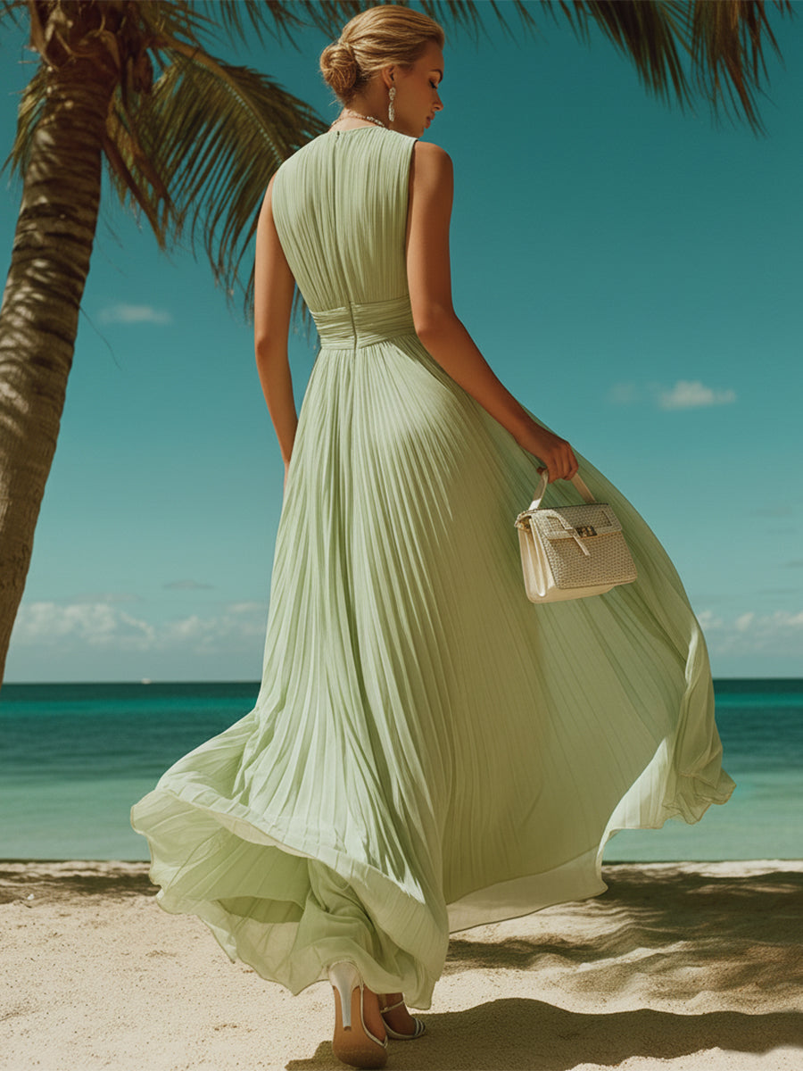 Bohemian Elegant Light Green Chiffon Pleated Maxi Dress